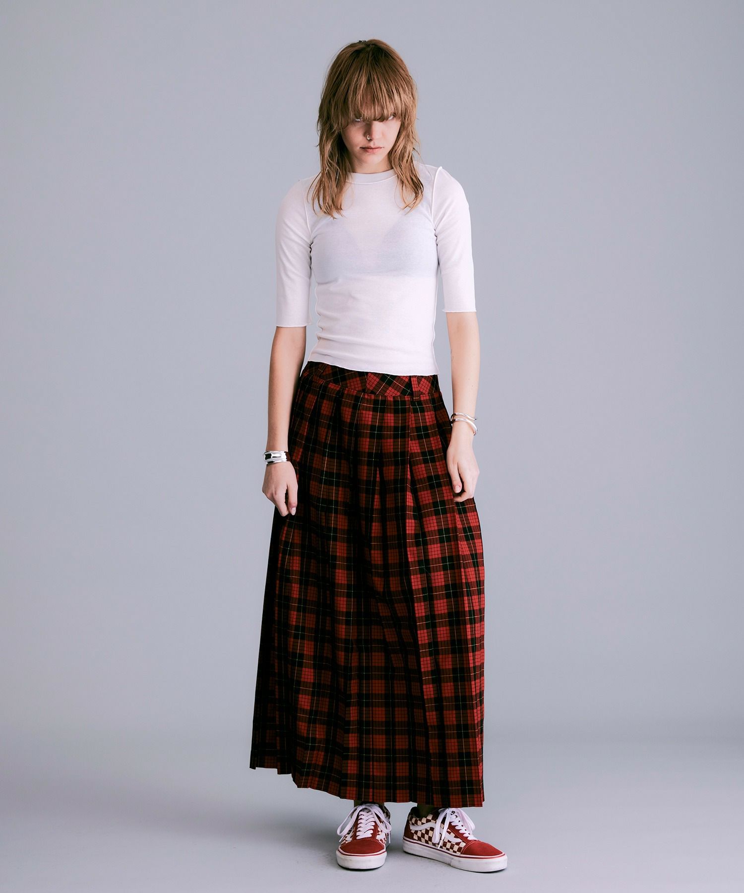 タータンチェックプリーツロングスカート*レッド×ブラック*＜NMS1-LS42