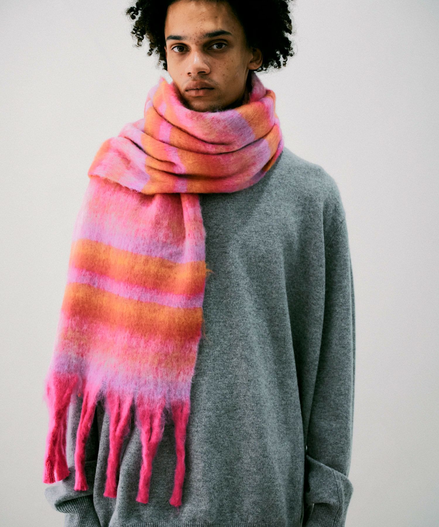 MEN】ボーダーボリュームフリンジマフラー*ピンク*＜NMA-G34＞ | NOISE